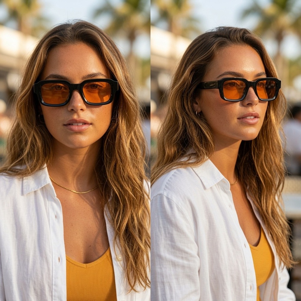 Womens Black Rectangle Sunglasses Orange Lens Retro Y2K Shades Luxury Trendy New